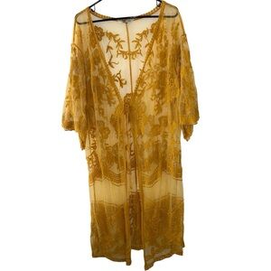 Davi&Dani Sheer Embroidered Kimono Cover-Up - Mustard Yellow M/L
